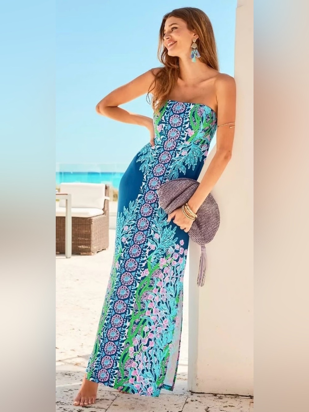 Lilly Pulitzer Noa Strapless Maxi Dress in the Seacret Escape Barton Blue